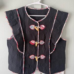 Amazon Black Quilted Vest with Multicolor Floral Trim
